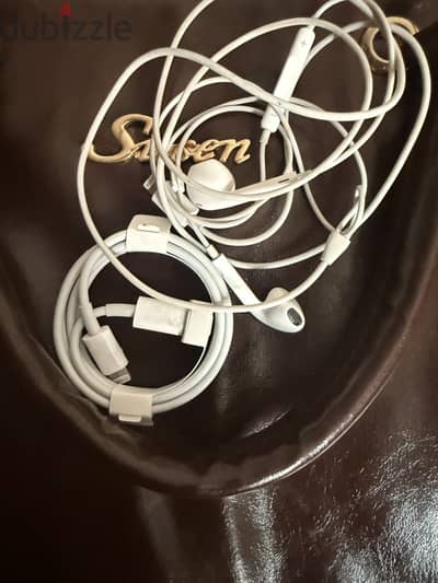 Wired headphones and lightening cable.