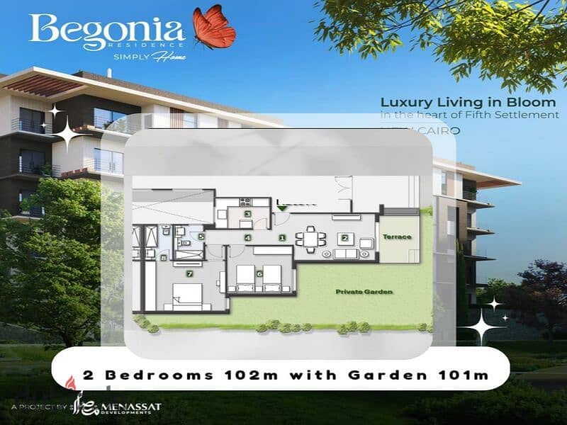 apartment for sale in begonia residence new cairo 102+101 m garden 0