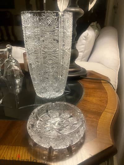 crystal vase and ashtray