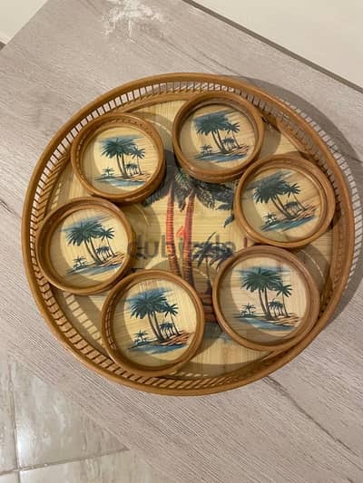 Vintage 1970s Fiji Palm Trees Tray and 6 piece Coaster