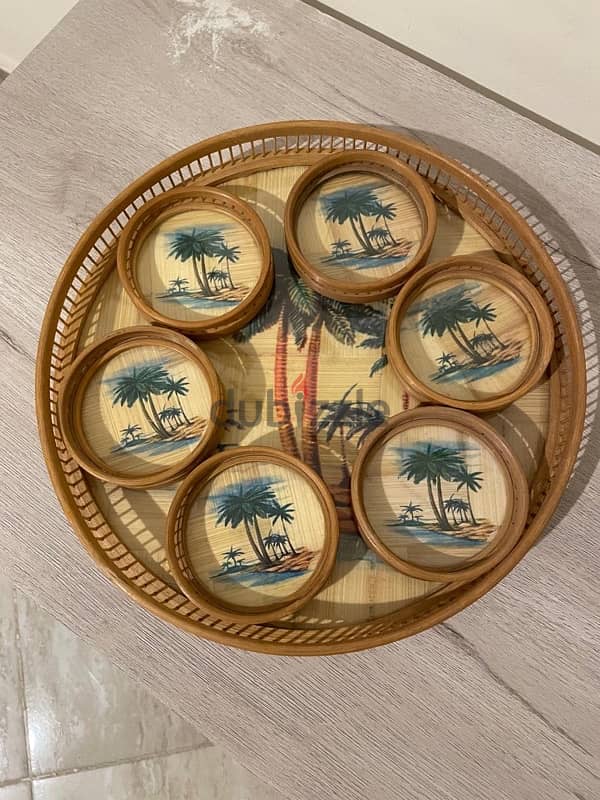 Vintage 1970s Fiji Palm Trees Tray and 6 piece Coaster 0