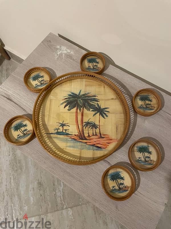 Vintage 1970s Fiji Palm Trees Tray and 6 piece Coaster 1