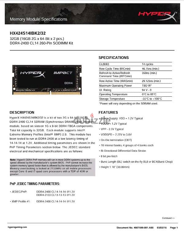 HyperX Impact 2400MHz DDR4 SODIMM رامات لابتوب 2