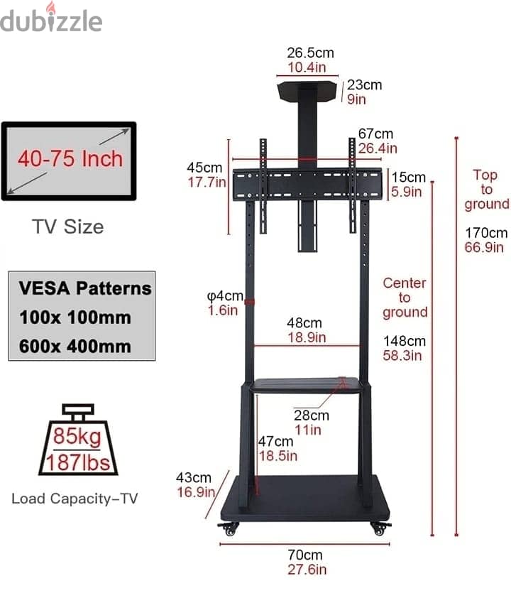 استاند تلفزيون متحرك لشاشات مقاس 75 بوصة ارتفاع قابل للتعديل 55/65/75 7