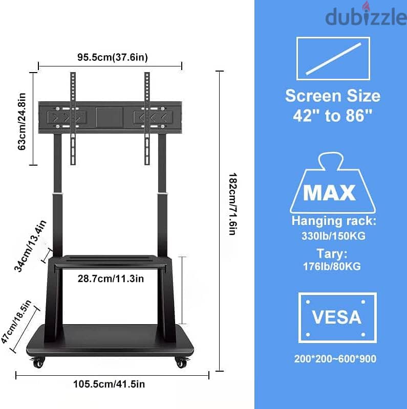 استاند شاشة بعجلات 100 / 85 / 75 بوصه -حامل تلفزيون متحرك - حامل ترول 5