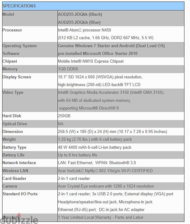 لاب توب ميني aspire one aod255 مناسب للاعمال الخفيفة 3