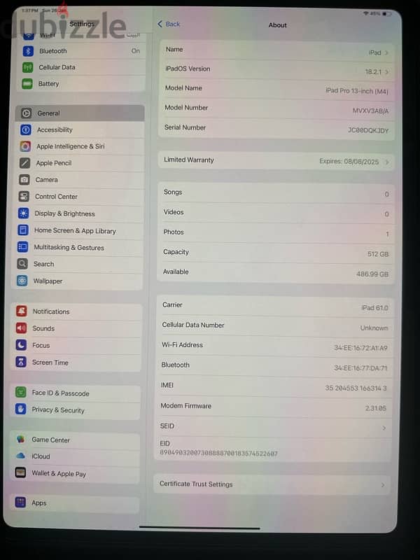 Ipad pro M4 13inch 512GB Cellular&Wi-Fi 8