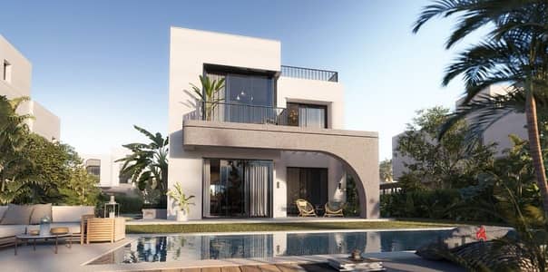 Fully finished villa with lagoon view in Owest Samih Sawiris in front of Mall of Egypt in installments