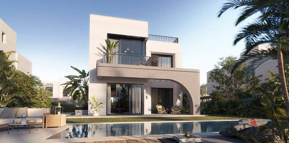 Fully finished villa with lagoon view in Owest Samih Sawiris in front of Mall of Egypt in installments 0