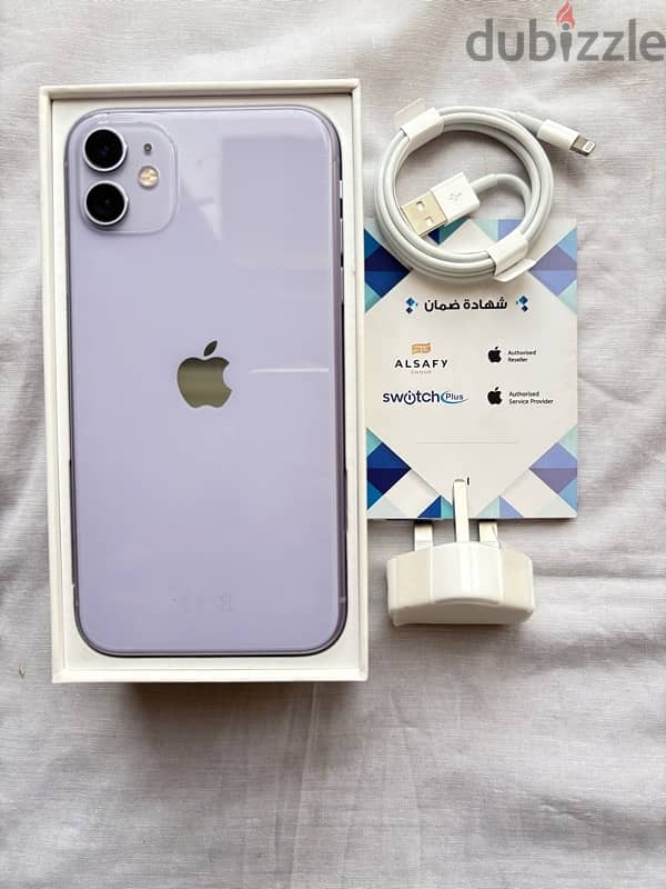 iphone 11 purple 128 giga with box and charger from switch plus 3