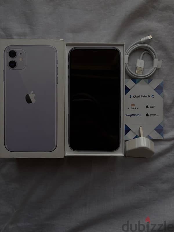 iphone 11 purple 128 giga with box and charger from switch plus 4