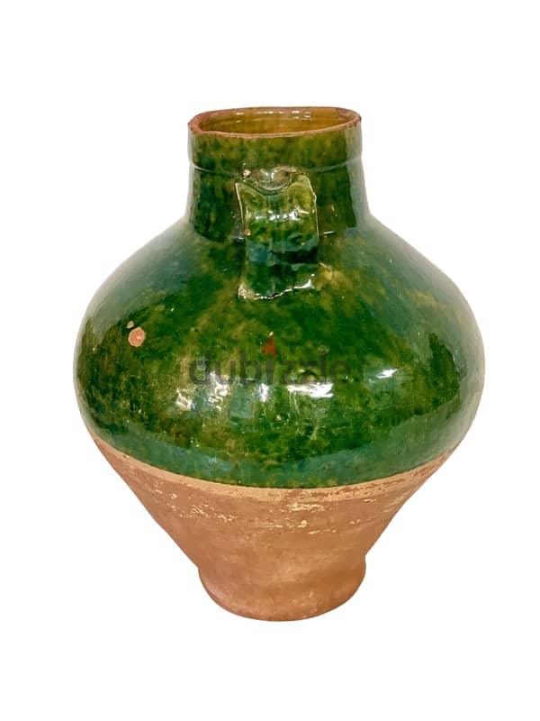 EMERALD GREEN HALF-GLAZED TERRACOTTA OLIVE OIL POT WITH TWO HANDLES 1