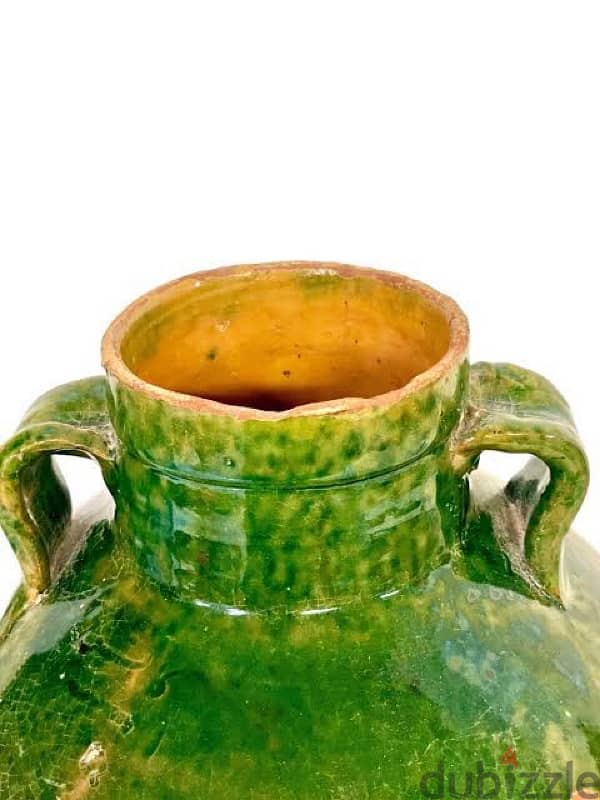 EMERALD GREEN HALF-GLAZED TERRACOTTA OLIVE OIL POT WITH TWO HANDLES 2