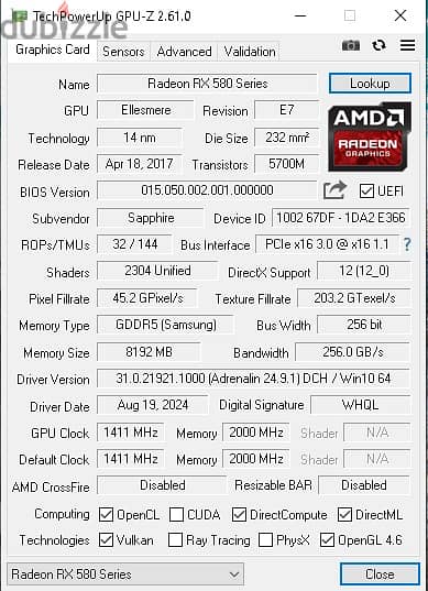 كارت شاشة Radeon RX 580 8GB Sapphire nitro