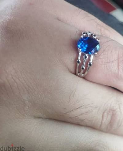 925 Silver BLUE SAPPHIRE STONE RING خاتم فضة عيار ٩٢٥ بال ياقوت الأزرق