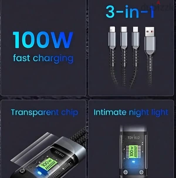 كابل شحن متعدد 100 وات 3 في 1 شاحن USB متعدد سريع 5