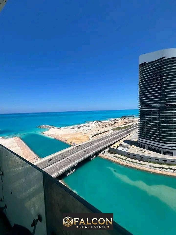 Fantasy apartment on the sea ready to move in with hotel finishing with the best view in El Alamein directly in front of the towers and on the lake in 0