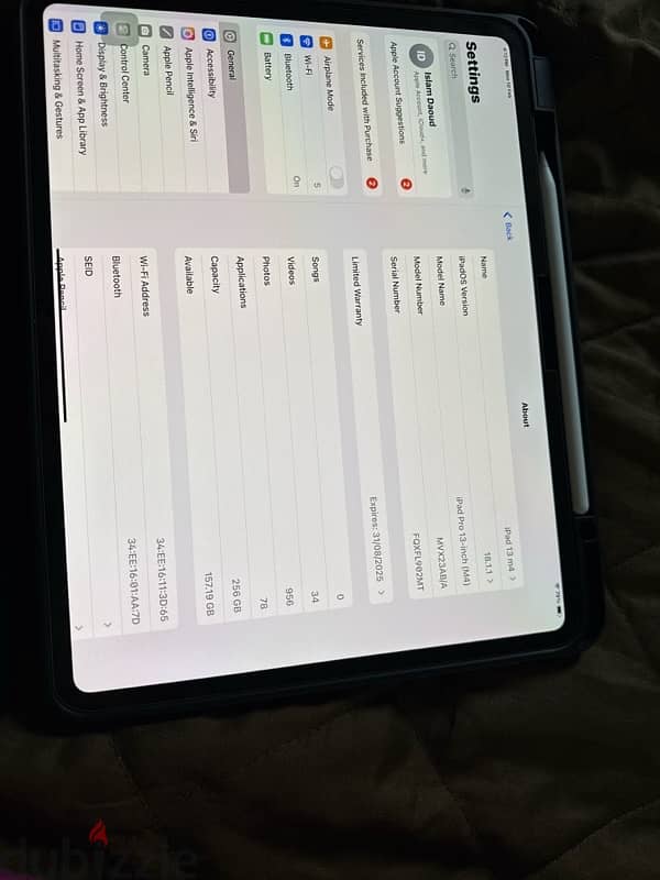 ابل ايباد برو ام 4 بسعة 256 جيجا + قلم apple pro+ IPAD M4 13 inch 2