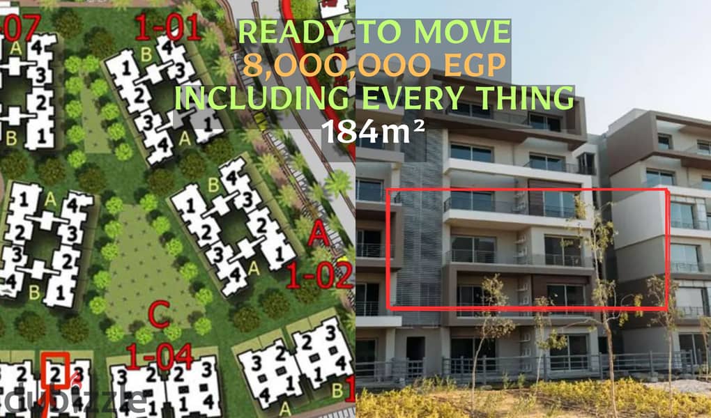 Prime Location 184m² ready to move at Palm Hills New Cairo overlooking open landscape area - price Including maintenance & sporting club fees. 0