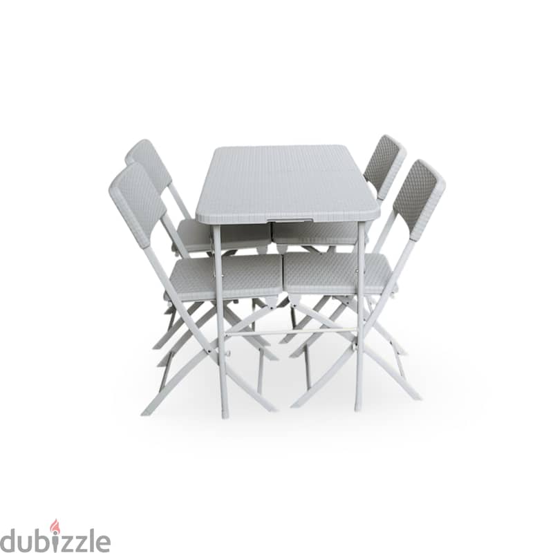 5 piece foldable white rattan set | 122cm with 4 folding chairs 0