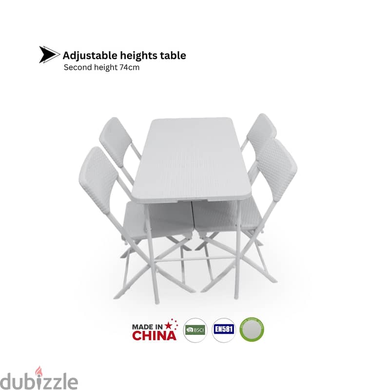 5 piece foldable white rattan set | 122cm with 4 folding chairs 2