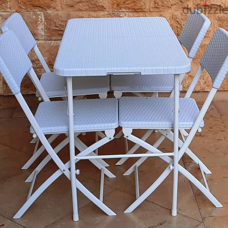 5 piece foldable white rattan set | 122cm with 4 folding chairs 10