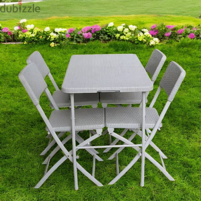 5 piece foldable white rattan set | 122cm with 4 folding chairs 11