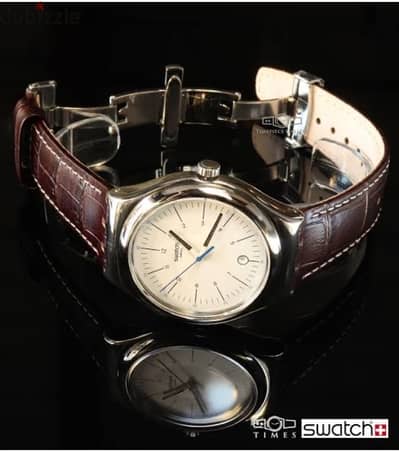 Swatch Appia Silver Dial Brown Leather Mens Watch YWS401