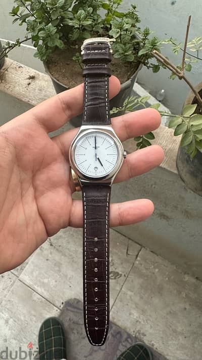 Swatch Appia Silver Dial Brown Leather Mens Watch YWS401