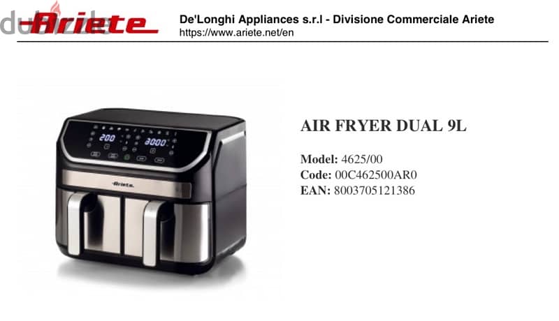 Ariete 4625 Air Fryer, Digital Display, 2100W, 9Liter - Black & Silver 1