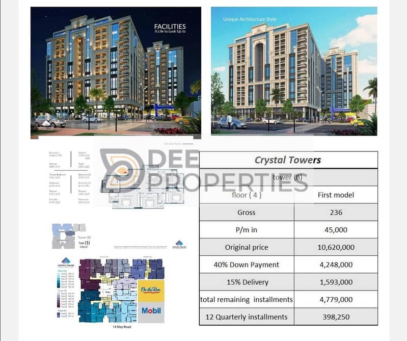 Apartment for sale, 236 sqm, in Crystal Tower compound, immediate delivery (open view to Smouha Club), live inspection available 0