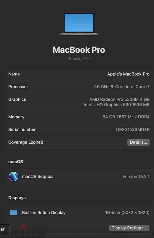 Cori 7/ 1 tb ssd/ Ram 64 / Macbook pro 16 2019 / touch bar 1