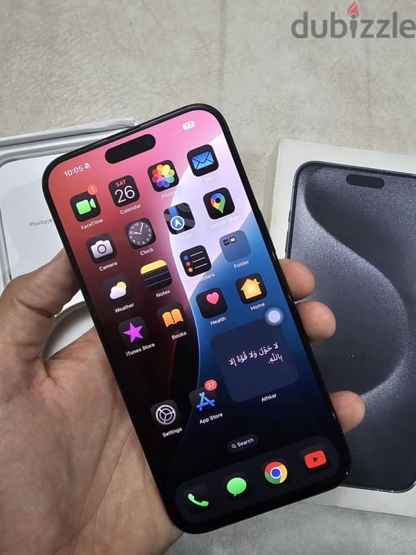 iphone 15 pro max 256 ZA خطين فعلي بالعلبه بطاريه ٩٦ 2