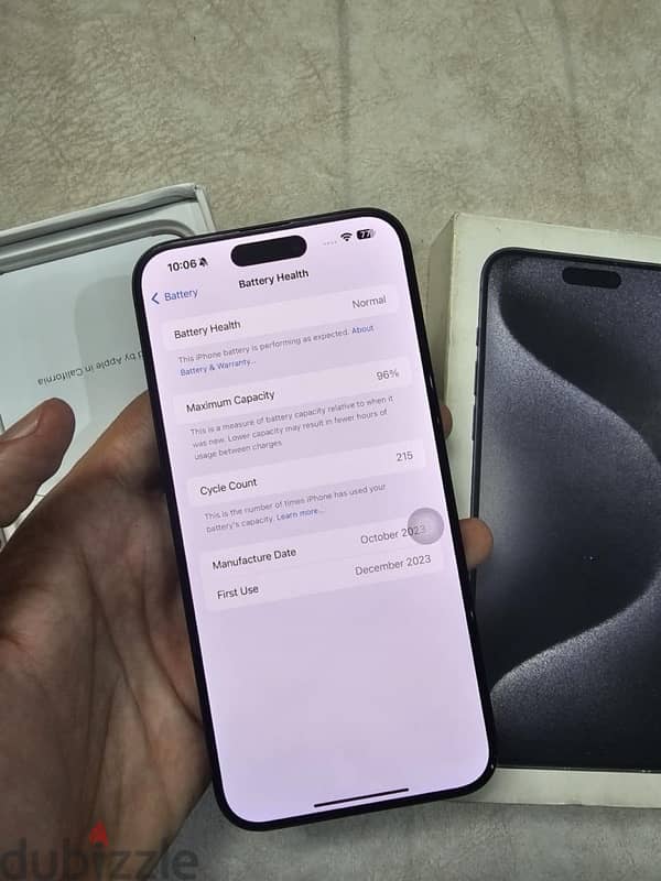 iphone 15 pro max 256 ZA خطين فعلي بالعلبه بطاريه ٩٦ 6