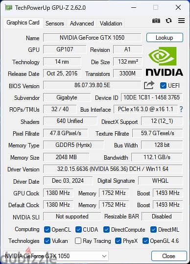 كرت شاشه Nvidia GTX 1050 2GB OC (Gigabyte) 4