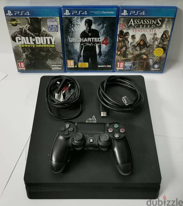 Playstation 4 slim + controller + 3 games | بلايستيشن 4 ودراع و3 العاب 0