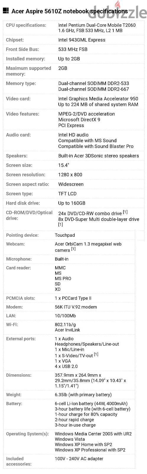 Laptop Acer Aspire 5610z Model BI50 4