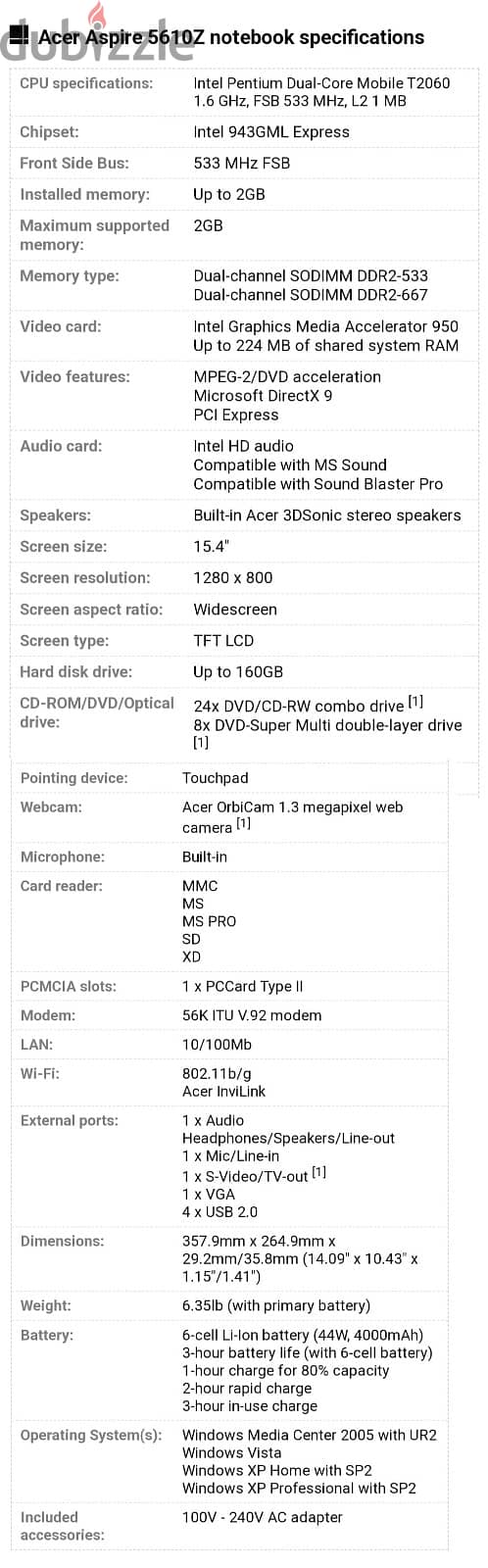 Laptop Acer Aspire 5610z Model BI50 2