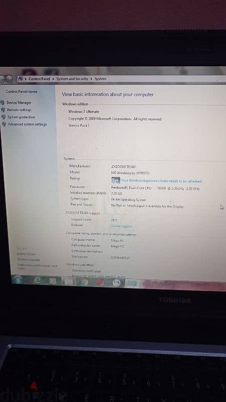 جهاز لاب توب توشيبا رام 2جيجا شاشة 15بوصه البطاريه بتشغل ربع ساعة هرد 0