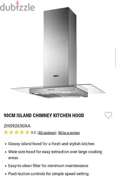 zanussi 90cm island chimney kitchen hood model number  ZHS92650XA