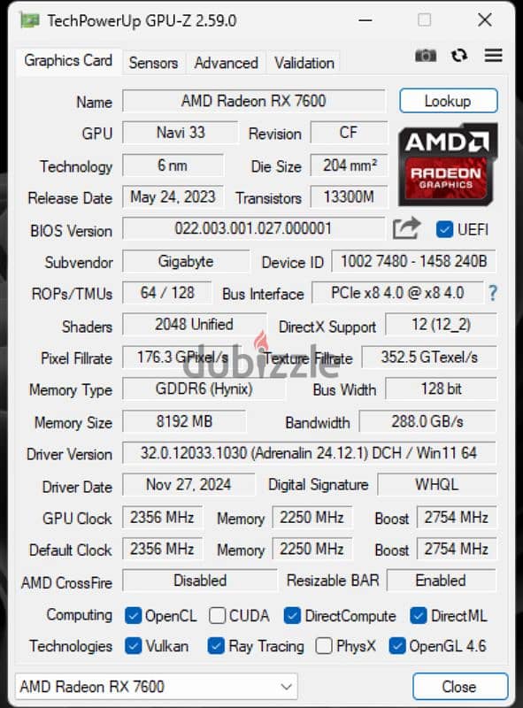 كرت شاشة ( GPU ( Gigabyte Rx7600 Gaming OC 7