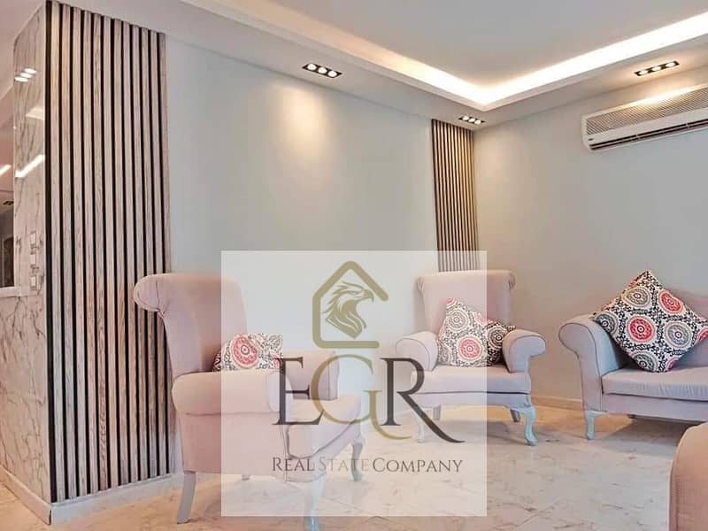 Furnished  3 bed rooms 3 bathrooms apartment for rent in the first residential condition in Al-Rehab, next to services, and a clear wide garden view 0