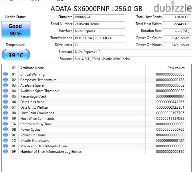 ssd nvme 256 g health 90% 1