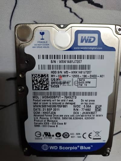 هارد لاب  640 جيجا  western digital blue بالراكة