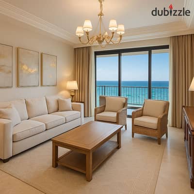 A finished chalet opportunity with a panoramic sea view for sale with a 10% down payment and a special discount in the finest resort in the heart of Galala, Ain Sokhna, directly on the sea