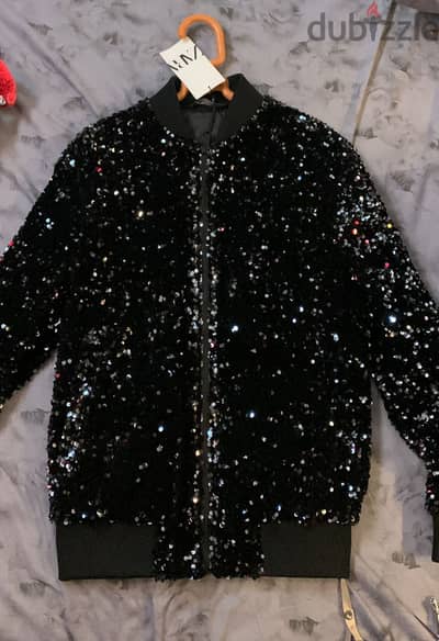 Zara Sequin Bomber Jacket / Sequined Blazer Black
