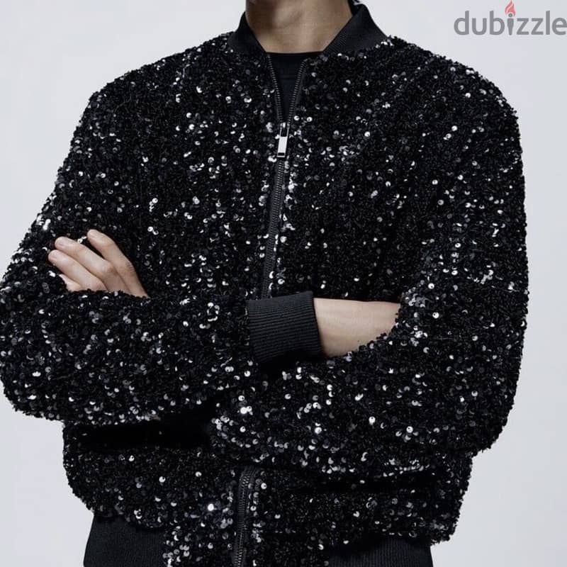 Zara Sequin Bomber Jacket / Sequined Blazer Black 4
