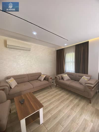 A furnished apartment is available for rent in Al Rehab, super lux, 120 meters, in front of the old market, ground floor with a garden.