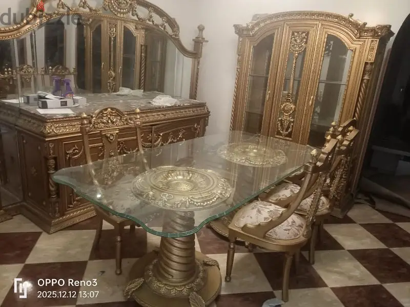 Golden Dining Room Set: 8 Chairs, Sideboard, and Buffet in Marble