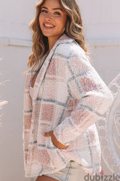 SheIn Pink Plaid Sherpa Jacket